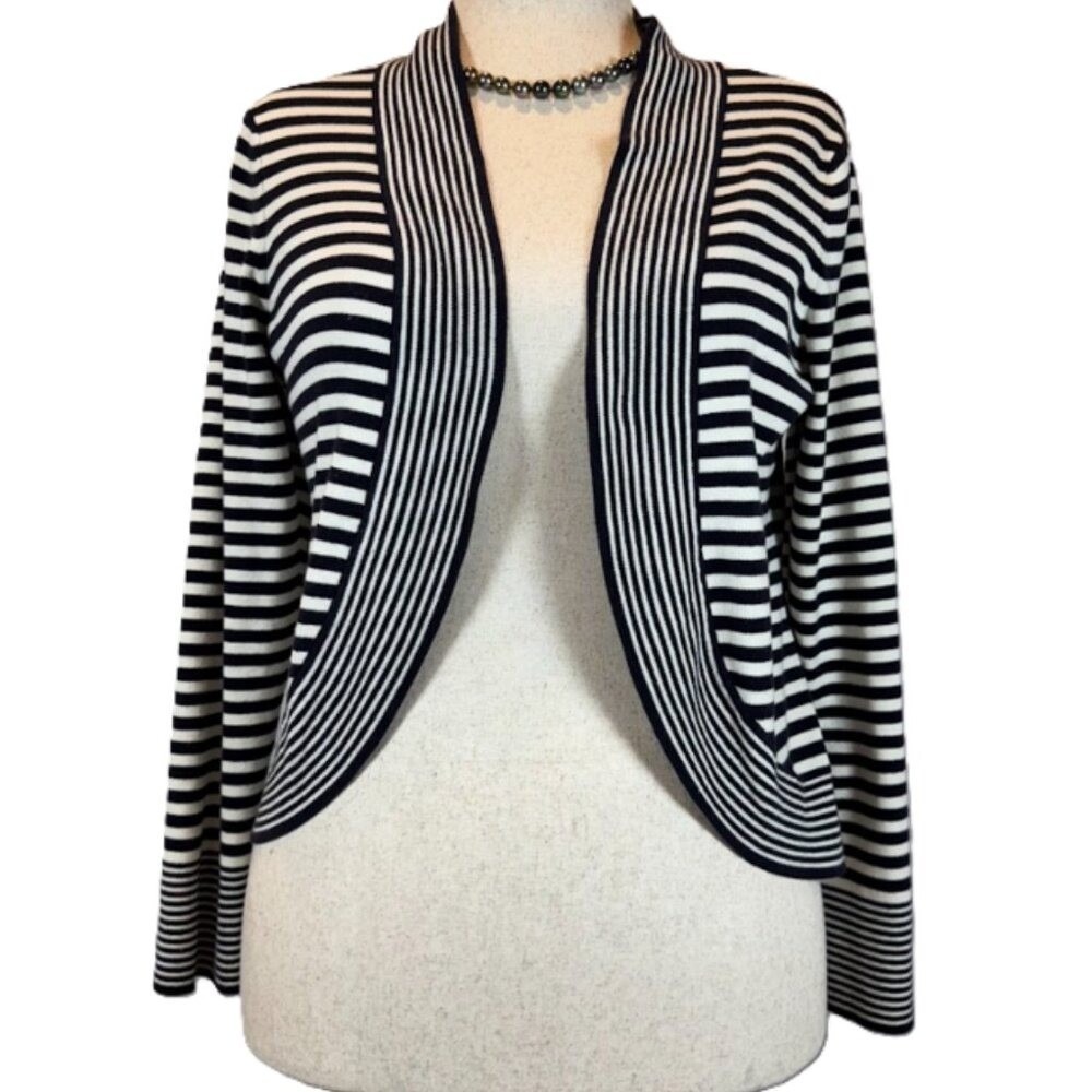 Talbots Striped Cardigan Women's Medium Black White Cropped Preppy Businesswear - Picture 2 of 7